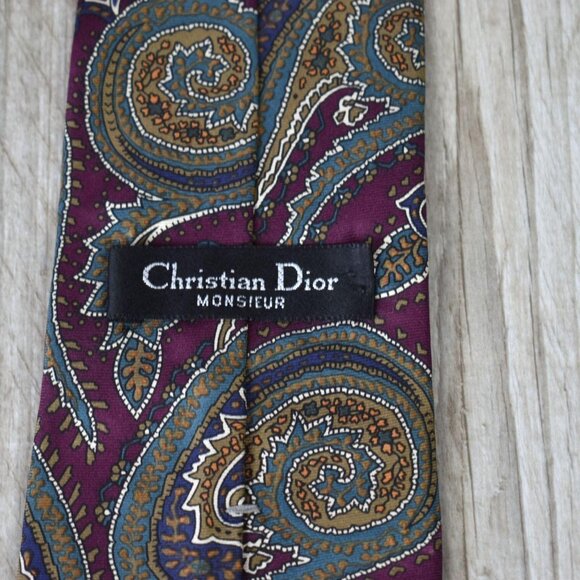 Academia Old Money Designer Christian Dior Cranberry & Green Paisley Silk Tie - Picture 2 of 7